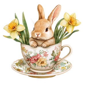 14 Clipart lapin dans une tasse de thé, Clipart lapin, clipart aquarelle imprimable, JPG/PNG de haute qualité, téléchargement numérique, créations en papier, tenue d'un journal