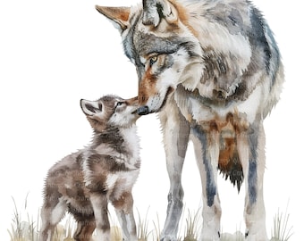 May include: A watercolor painting of a wolf and a wolf pup. The wolf is standing with its head tilted down, looking at the pup. The pup is standing on its hind legs, looking up at the wolf. Both animals have brown and gray fur.