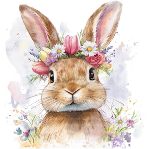 May include: A watercolor painting of a brown bunny rabbit wearing a flower crown. The crown is made of pink, white, and yellow flowers. The bunny is looking directly at the viewer with a sweet expression.