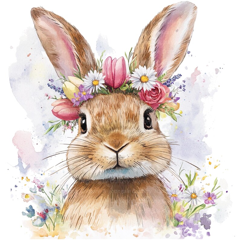 May include: A watercolor painting of a brown bunny rabbit wearing a flower crown. The crown is made of pink, white, and yellow flowers. The bunny is looking directly at the viewer with a sweet expression.