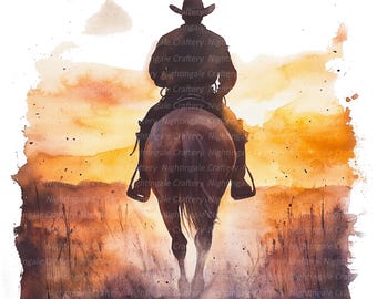9 Clipart di silhouette di cowboy, cowboy a cavallo, clipart di acquerello stampabili, JPG di alta qualità, download digitale, artigianato di carta, diario spazzatura