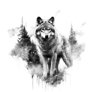 12 Clipart di lupi tribali, in bianco e nero, clipart acquerello stampabile, JPG/PNG di alta qualità, download digitale, lavoretti di carta, diari spazzatura