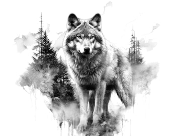 12 Tribal Wolf Clipart, Black and white, Printable Watercolor clipart, High Quality JPG/PNGs, Digital download, Paper crafts, junk journals