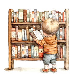 May include: A watercolor illustration of a child reading a book in front of a bookshelf filled with books. The bookshelf is made of wood and has three shelves. The child is wearing a striped orange and white shirt and blue jeans. The child is holding a book open in their hands. The book is red and has a white cover.
