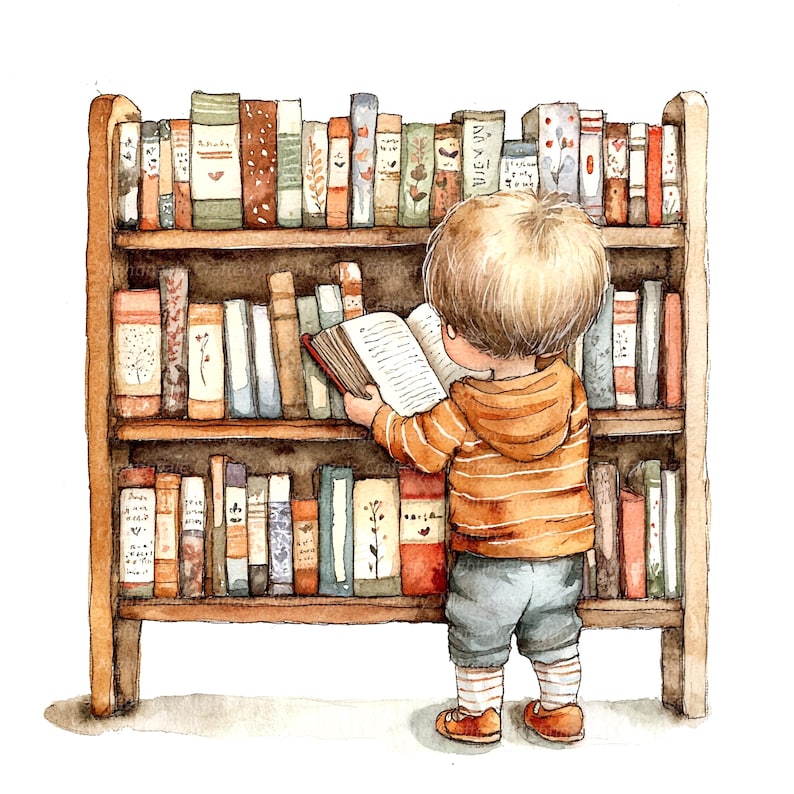 May include: A watercolor illustration of a child reading a book in front of a bookshelf filled with books. The bookshelf is made of wood and has three shelves. The child is wearing a striped orange and white shirt and blue jeans. The child is holding a book open in their hands. The book is red and has a white cover.