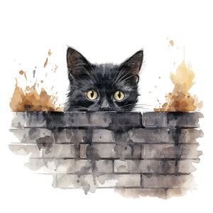 May include: A black cat with yellow eyes peeks over a brick wall. The cat is painted in a watercolor style with brown splatters of paint around it.