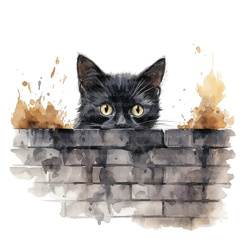 May include: A black cat with yellow eyes peeks over a brick wall. The cat is painted in a watercolor style with brown splatters of paint around it.