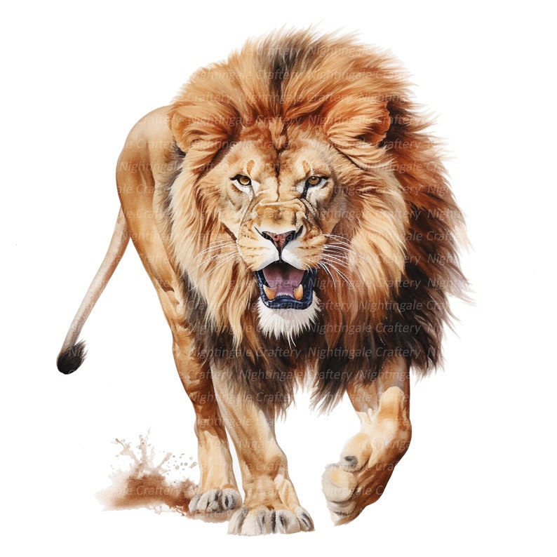Puede incluir: Una pintura de acuarela de un le&oacute;n con una melena de pelo marr&oacute;n y naranja. El le&oacute;n camina hacia el espectador con la boca abierta en un rugido. El le&oacute;n est&aacute; pintado en un estilo realista.
