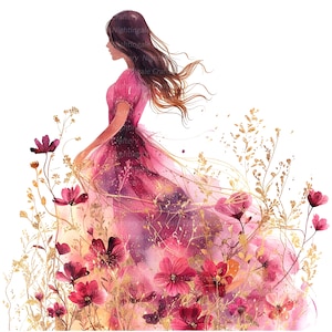 K&ouml;nnte beinhalten: Ein Aquarellbild einer Frau in einem rosafarbenen Kleid mit flie&szlig;endem Rock. Sie steht auf einem Feld mit rosafarbenen Blumen mit goldenen Akzenten. Die Blumen bl&uuml;hen und die Haare der Frau wehen im Wind.