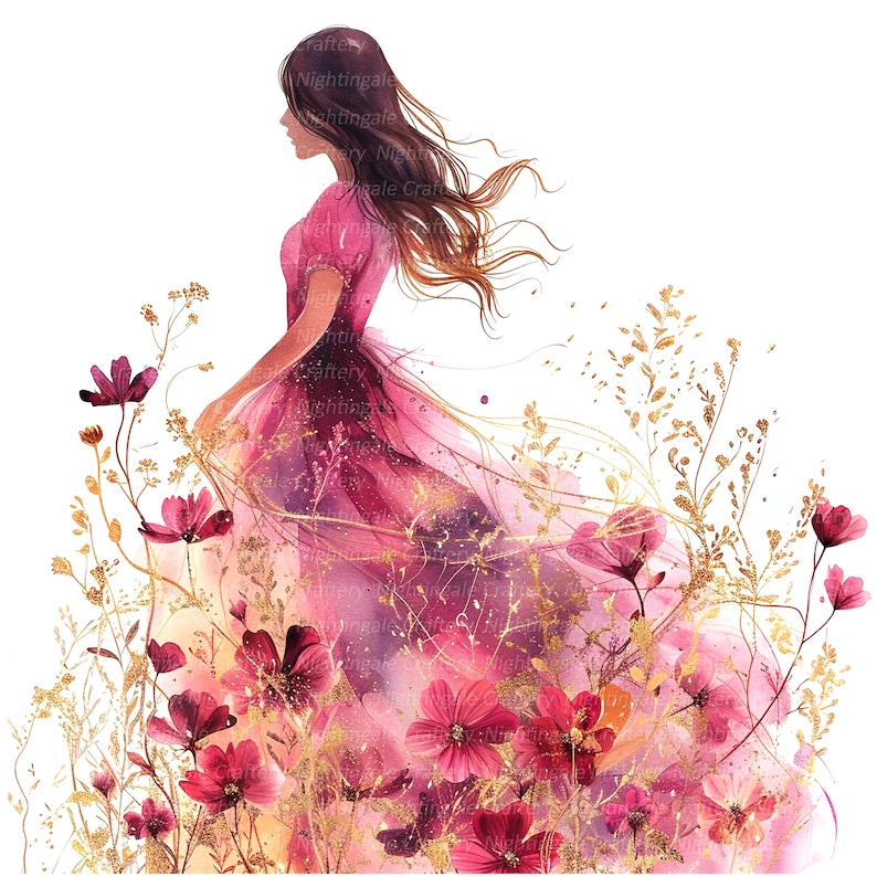K&ouml;nnte beinhalten: Ein Aquarellbild einer Frau in einem rosafarbenen Kleid mit flie&szlig;endem Rock. Sie steht auf einem Feld mit rosafarbenen Blumen mit goldenen Akzenten. Die Blumen bl&uuml;hen und die Haare der Frau wehen im Wind.
