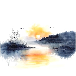 Puede incluir: Una pintura de acuarela de una puesta de sol sobre un lago. El cielo es de un naranja y amarillo vibrantes, y el agua es de un azul profundo. Hay árboles en la orilla opuesta y dos pájaros volando en el cielo.