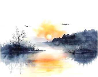 8 Sunset over Lake Clipart, Sunset Landscape Wall Art, Printable Watercolor clipart, High Quality PNGs/JPG, Digital download, Paper craft