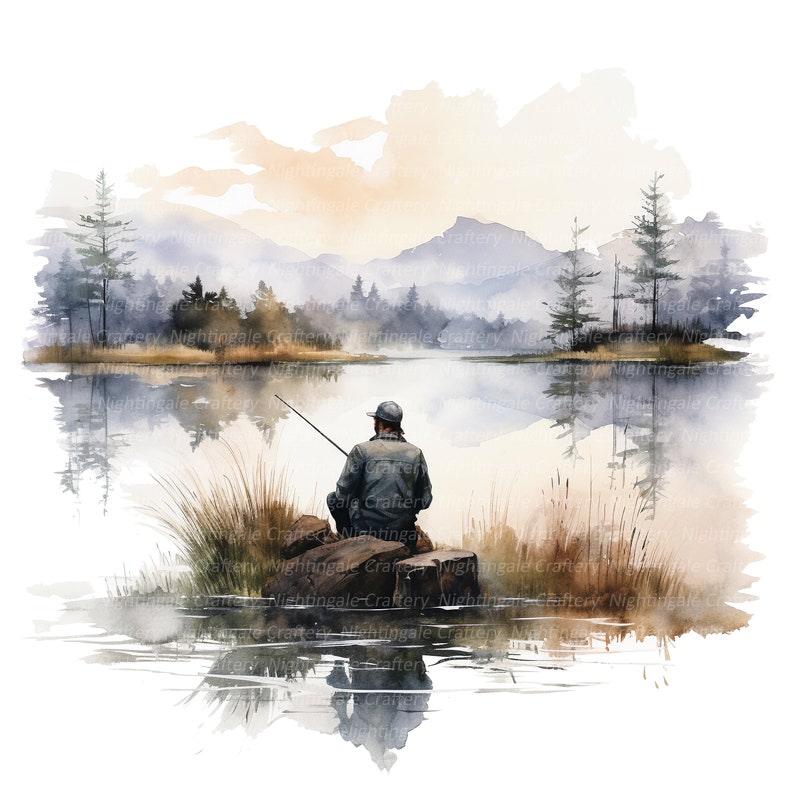May include: A watercolor painting of a person fishing on a lake. The person is sitting on a rock in the water, with a fishing rod in their hand. The lake is surrounded by trees and mountains, and the sky is a soft blue with a few clouds. The painting is done in a realistic style, with a focus on the details of the scene.