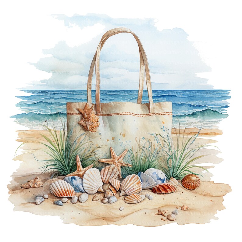May include: A beige tote bag with a star pattern and a seashell design sits on a sandy beach with seashells, starfish, and seagrass. The ocean is in the background.