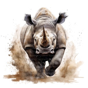 Könnte beinhalten: Ein Aquarellbild eines weißen Nashorns, das mit offenem Maul nach vorne stürmt und dabei eine Staubwolke hinter sich erzeugt.