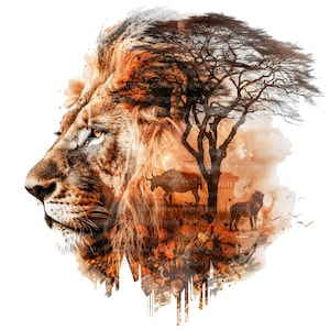 K&ouml;nnte beinhalten: Digitaldruck eines L&ouml;wenprofils mit einer Savannenlandschaft. Das Kunstwerk zeigt einen L&ouml;wen mit detaillierter M&auml;hne, einen Baum und Wildtiere in warmen, erdigen T&ouml;nen.