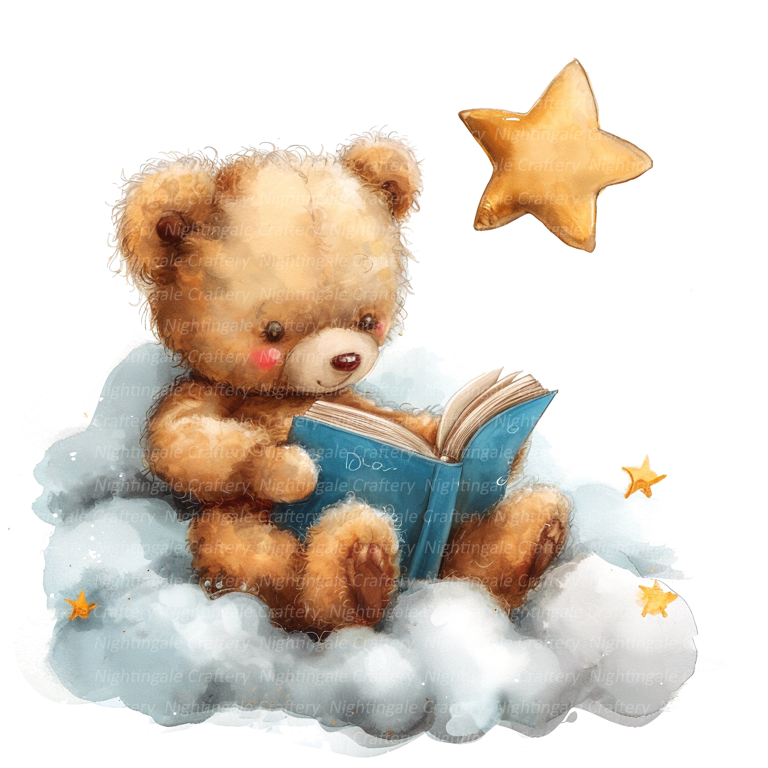 10 Teddy Bear Reading Clipart, Nursery Teddy, Printable Watercolor clipart, High Quality JPG, Digital download, Paper craft, junk journal