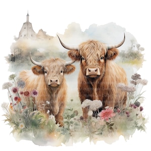 8 Highland Kuh Bauernhof Clipart, Bauernhof Clipart, druckbare Aquarell Clipart, hohe Qualität JPG /PNG, digitaler Download, Papiermodell, Junk Journals