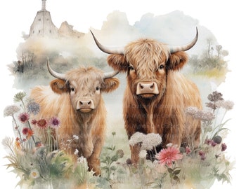8 Highland Cow Farm Clipart, Farm Clipart, Printable Watercolor clipart, High Quality JPG /PNG, Digital download, Paper craft, junk journals