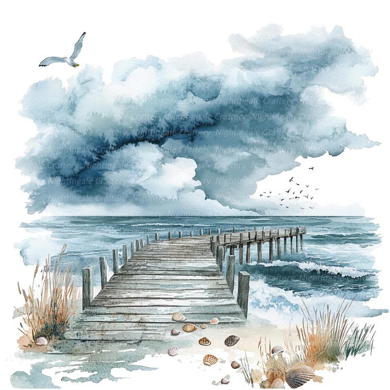 May include: A watercolor painting of a wooden pier extending into a blue ocean with a stormy sky above. The pier is made of weathered wood and has a handrail on either side. The ocean is a deep blue color and the waves are crashing against the shore. The sky is a dark gray color with white clouds. There are a few seagulls flying in the sky.
