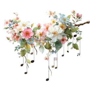 May include: A watercolour illustration of a floral arrangement featuring pink, white, and blue flowers, green leaves, and musical notes. The flowers are on a brown branch, with musical notes suspended below.