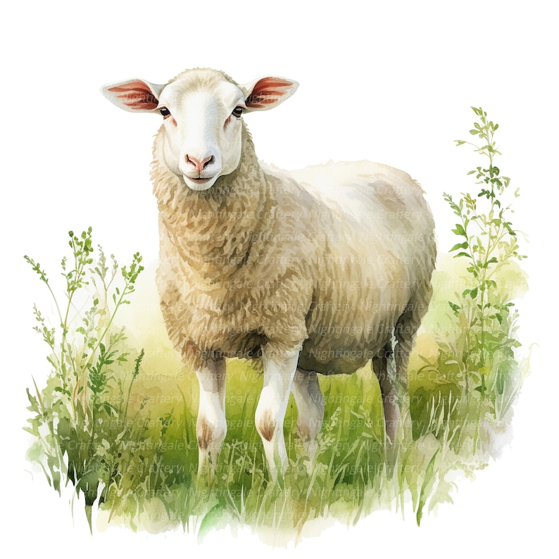 May include: A white sheep with a fluffy coat stands in a field of green grass. The sheep has a pink nose and ears. The background is a watercolor wash of green and blue.