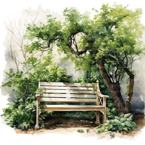 8 Clipart de banc de jardin, banc de verdure, clipart aquarelle imprimable, fichiers JPG de haute qualité, téléchargement numérique, créations en papier, journaux indésirables