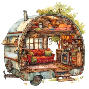 10 Gemütlicher Camping Anhänger Clipart, Feenanhänger, druckbare Aquarell Clipart, hochwertige JPG, digitaler Download, Papiermodell, Junk Journals