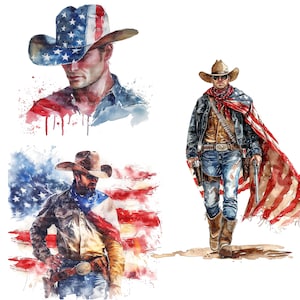 14 Cowboy Clipart, Patriotic Cowboy, Printable Watercolor clipart, High Quality JPGs, Digital download, Paper craft, junk journals