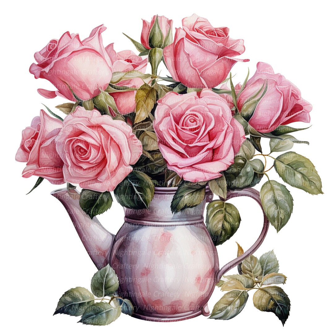 10 Pink Roses in Pot Clipart, Roses Bouquet, Printable Watercolor ...