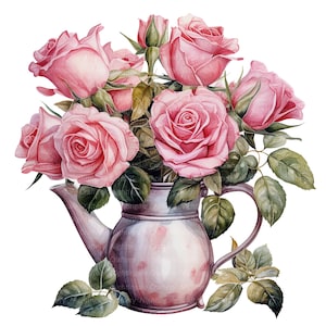 10 Pink Roses In Pot Clipart, Roses bouquet, Printable Watercolor clipart, Digital download, High resolution, Paper craft, junk journals