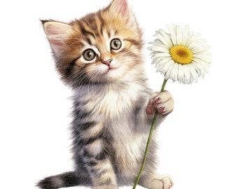 10 cliparts chaton avec fleurs, clipart chat, clipart aquarelle imprimable, fichiers JPG de haute qualité, téléchargement numérique, créations en papier, journaux indésirables