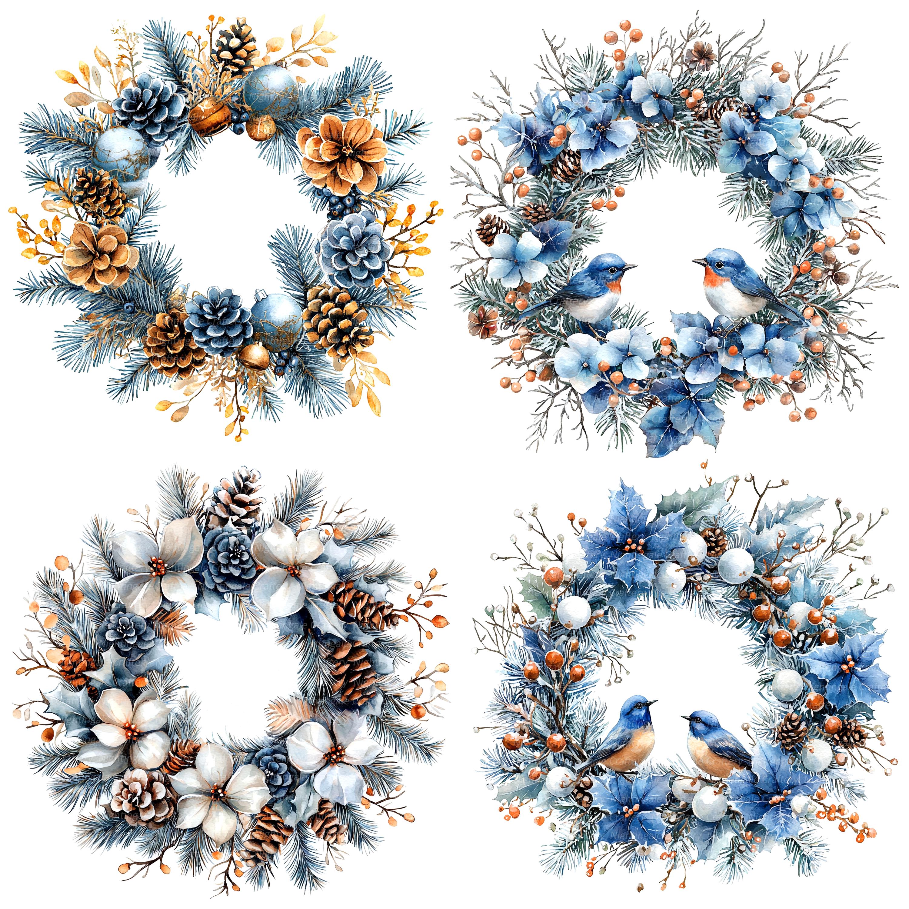 15 Various Christmas Wreath Clipart, Christmas Card, Watercolor