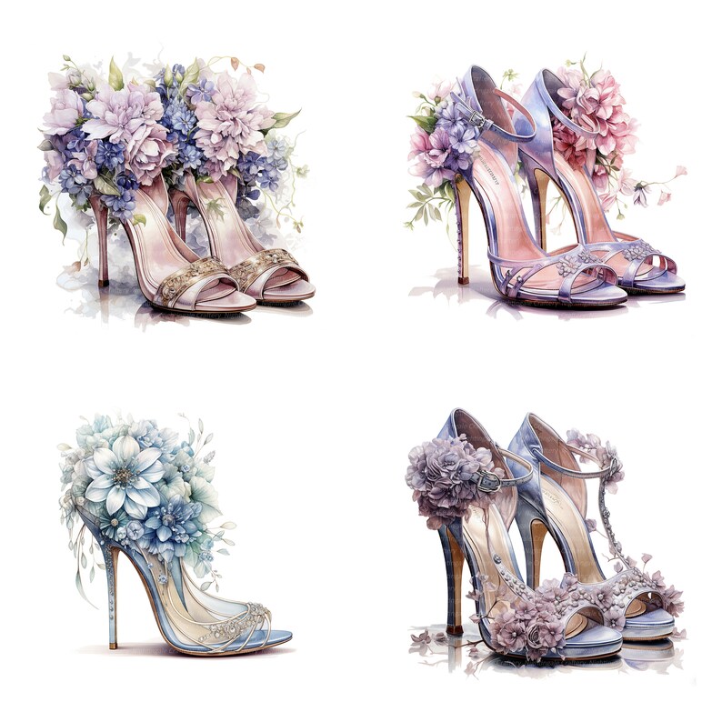 Peut inclure: Quatre paires de chaussures &agrave; talons hauts avec des embellissements floraux. Les chaussures sont dans des tons de bleu et de rose, avec des d&eacute;tails floraux d&eacute;licats.
