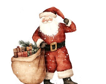 10 Vintage Santa Claus Clipart, Printable Watercolor clipart, High Quality PNG/JPG, Digital download, Paper craft, junk journal, card making