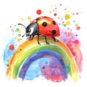 8 Clipart di coccinelle dei cartoni animati, Clipart di arcobaleno dei cartoni animati, Clipart di acquerelli stampabili, JPG/PNG di alta qualità, Download digitale, Lavoretti di carta