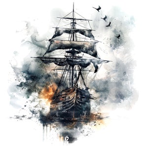 11 spookschip clipart, piratenschip clipart, afdrukbare aquarel clipart, hoge kwaliteit jpg's, digitale download, Paper Craft, ongewenste tijdschriften