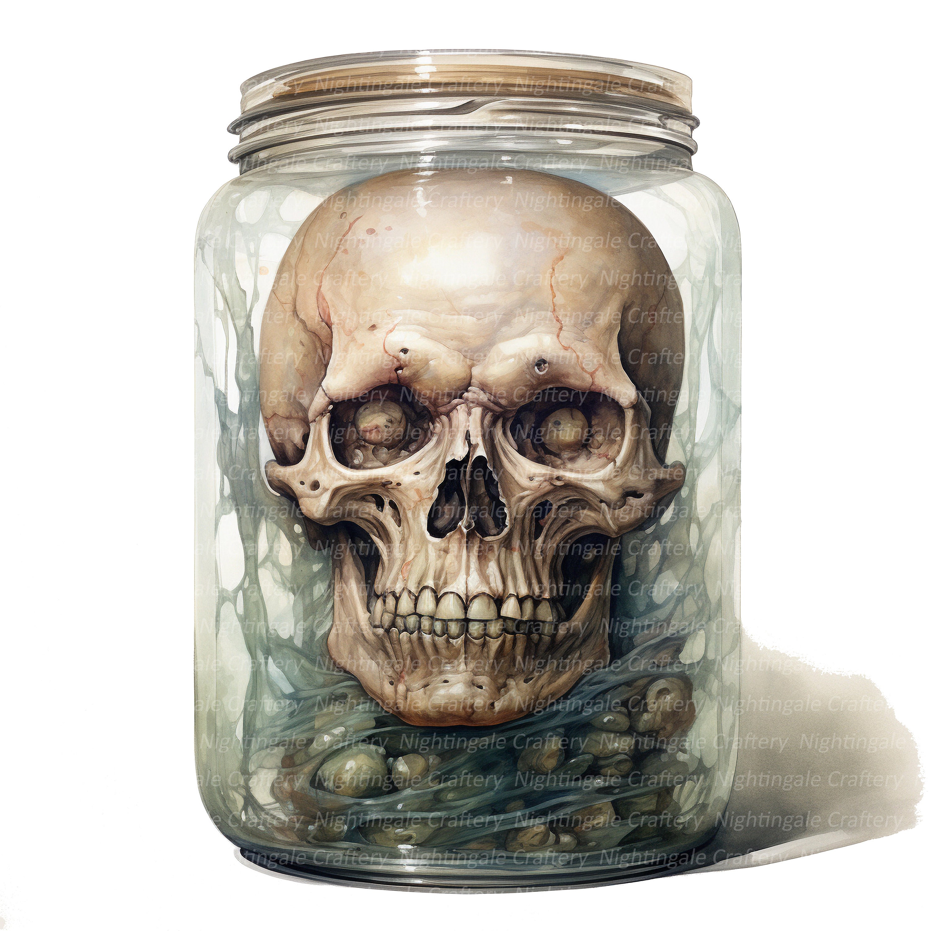 12 zombie head in jar clipart, halloween, printable watercolor