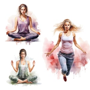 15 clipart di allenamento per donna, fitness, meditazione, clipart acquerello stampabile, JPG di alta qualità, download digitale, artigianato con la carta, diario spazzatura