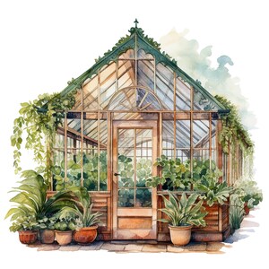 Puede incluir: Una pintura de acuarela de un invernadero con un marco de madera y paneles de vidrio. El invernadero est&aacute; rodeado de exuberantes plantas y flores verdes. Hay varias plantas en macetas frente al invernadero.
