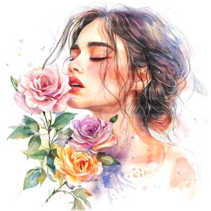 10 Clipart di donne e rose floreali, clipart di acquerelli stampabili, JPG/PNG di alta qualità, download digitale, artigianato di carta, diario spazzatura