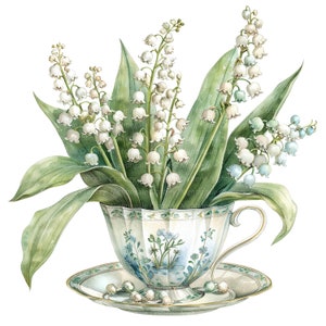 10 cliparts de muguet dans une tasse de thé, clipart aquarelle imprimable, fichiers JPG de haute qualité, téléchargement numérique, créations en papier, journal indésirable