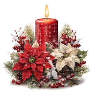 10 clipart di candele natalizie, clipart Poinsettia, clipart acquerello stampabile, JPG di alta qualità, download digitale, artigianato con la carta