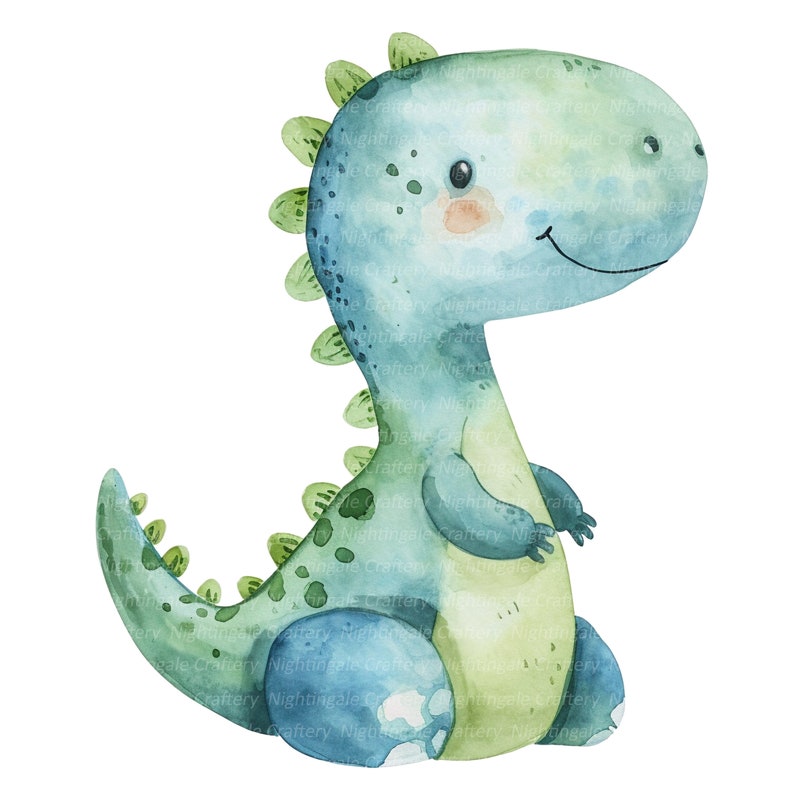 Pu&ograve; includere: Illustrazione ad acquerello di un dinosauro sorridente nei toni del blu e del verde. Il dinosauro ha una spina dorsale e una pancia verde chiaro, con una guancia color pesca. L'immagine &egrave; su sfondo bianco.