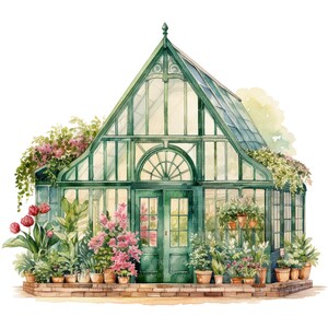 Puede incluir: Una pintura de acuarela de un invernadero de vidrio verde con una puerta de madera y una variedad de plantas dentro y fuera. El invernadero tiene un techo en punta y una gran ventana arqueada en la parte delantera. Las plantas est&aacute;n en macetas e incluyen helechos, flores y enredaderas.