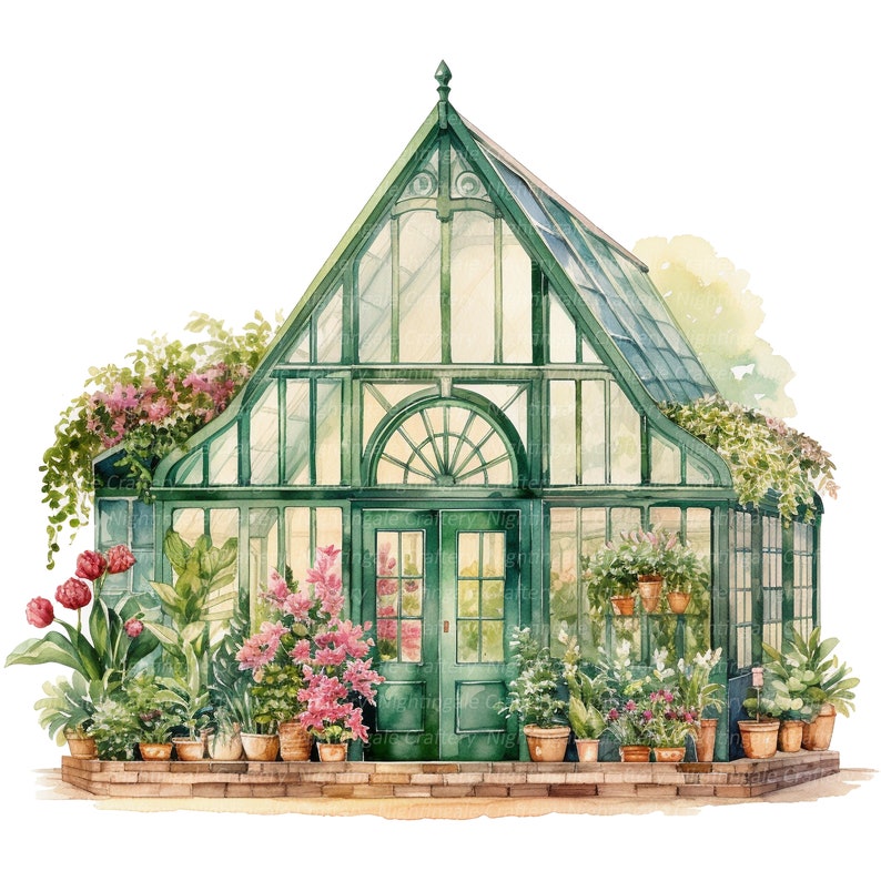 Puede incluir: Una pintura de acuarela de un invernadero de vidrio verde con una puerta de madera y una variedad de plantas dentro y fuera. El invernadero tiene un techo en punta y una gran ventana arqueada en la parte delantera. Las plantas est&aacute;n en macetas e incluyen helechos, flores y enredaderas.