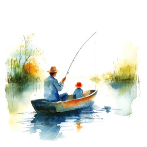 14 Dad Son Fishing Clipart, Fishing Landscape, Printable Watercolor clipart, High Quality JPGs, Digital download, Paper craft, Junk Journal