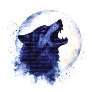 10 Wolf in Moonlight Clipart, Wolf Profile, Printable Watercolor clipart, High Quality JPGs, Digital download, Paper crafts, junk journals