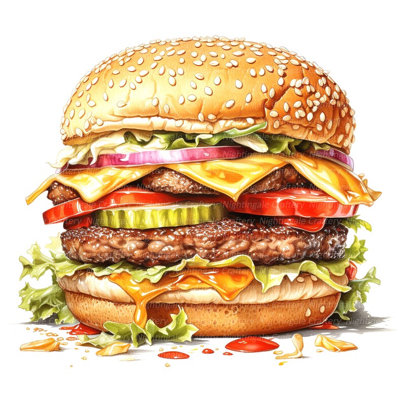 Op de afbeelding: Een grote, dubbeldeks hamburger met sla, tomaat, ui, augurken, kaas en een sesamzaadjesbroodje. De hamburger druipt van de saus en is omringd door verspreide sesamzaadjes en ketchup.