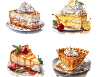 Puede incluir: Cuatro porciones de diferentes tartas en platos blancos. La primera porción es una tarta de limón merengue con un relleno amarillo y una cobertura de merengue blanco. La segunda porción es una tarta de queso con un relleno blanco y una cobertura de fresa. La tercera porción es una tarta de calabaza con un relleno marrón y una cobertura de merengue blanco. La cuarta porción es una tarta de pacana con un relleno marrón y una cobertura de merengue blanco.
